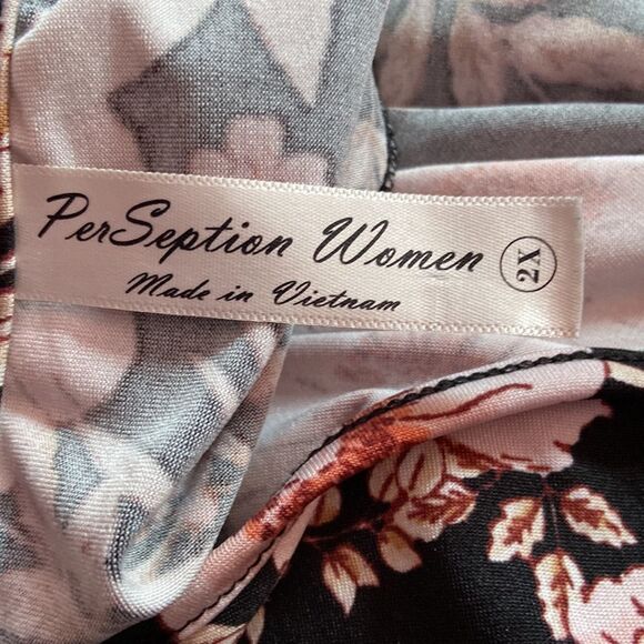 Per Seption Women's Sheer Ruffle Blouse Black Pink Floral Short Sleeve 2XL - Picture 4 of 5